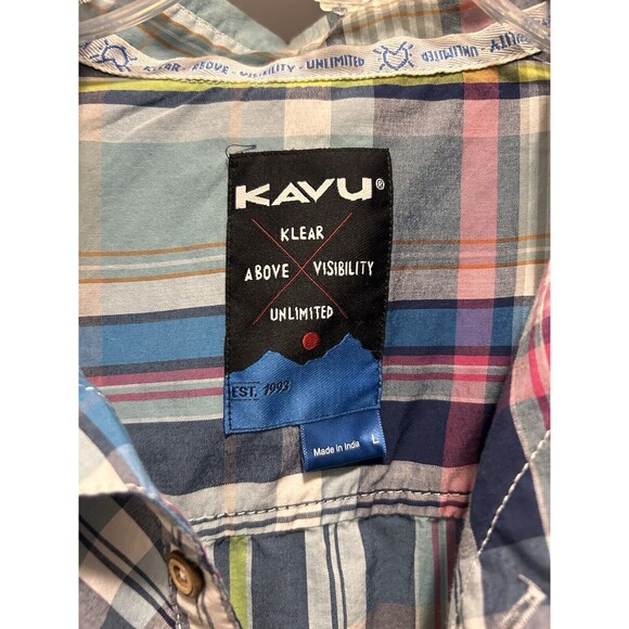 Kavu Short Sleeve Button Up Shirt Mens Size Large Green Blue Pink Plaid Outdoor - Picture 2 of 5